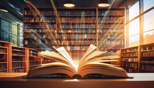 a library s digital section offering ar enhanced books on entrepreneurship glowing lines warm atmosphere