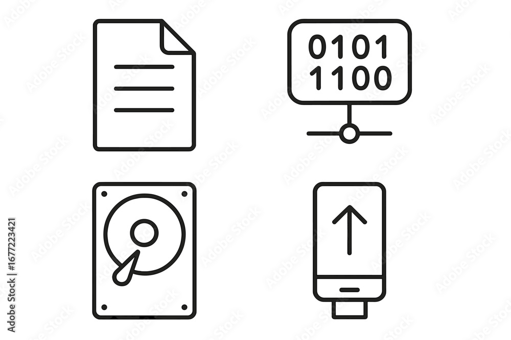 Poster data storage and file transfer linear icon set. vector outline symbols for document management, digi