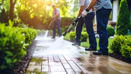 Men Cleaning Brick Pathway with Pressure Washer with Summer Garden Landscape.