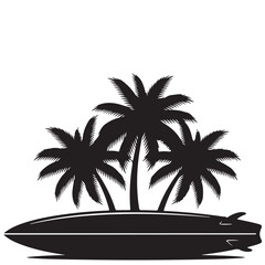 Tropical Island Silhouette with Palm Trees and Surfboard