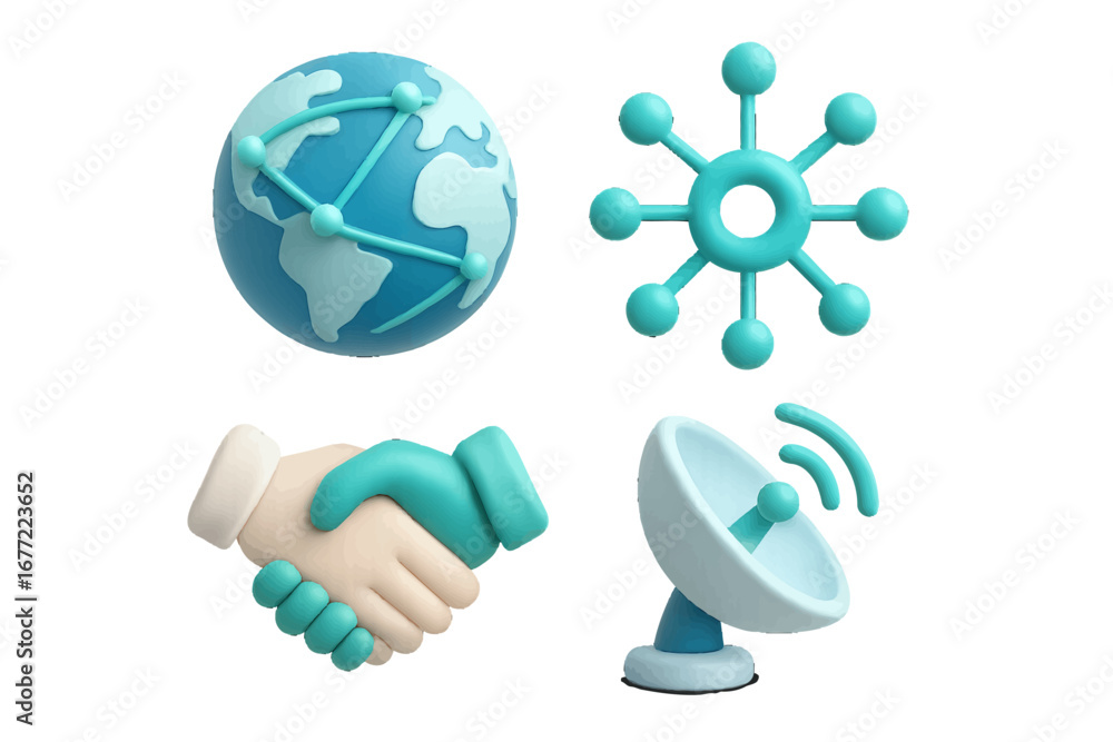 Poster global network connection and communication technology icons. modern 3d icon set
