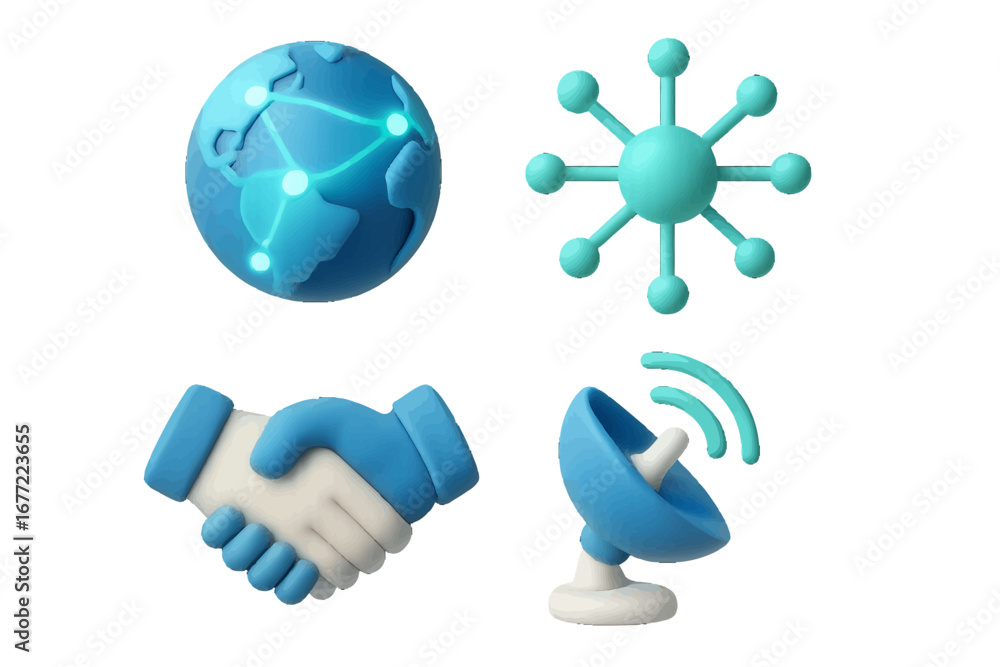 Poster global network connection and communication technology symbols. modern 3d icon set