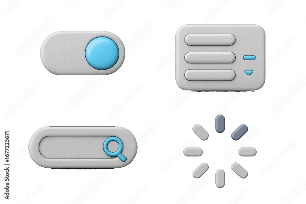 Poster modern ui elements: toggle switch, menu, search bar, loading indicator. modern 3d icon set