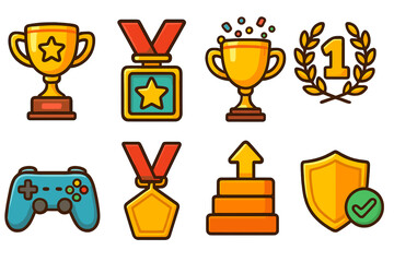 Gaming achievement vector icon set. Game award, trophy, medal, and winner prize. Cartoon illustration for competition success, first place, level up progress, and gamer ui.