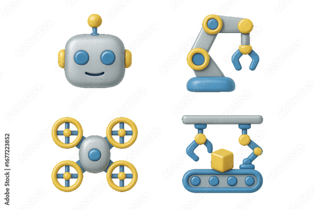 Poster robot and drone technology icons for automation. modern 3d icon set