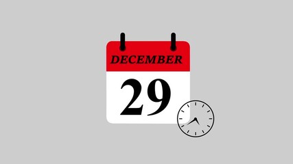 Futuristic December 29 calendar icon featuring dynamic watch animation. High-Resolution motion graphics template for digital scheduling, smart reminders, countdown interfaces, and timeline.