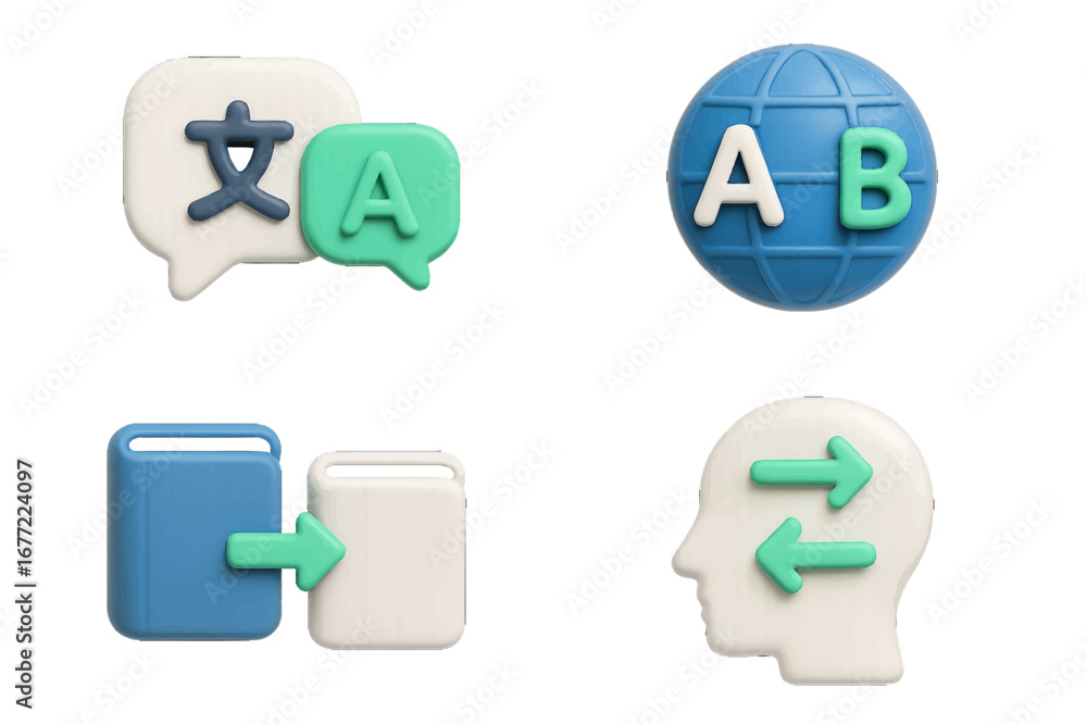 Poster global communication and language translation concepts. modern 3d icon set