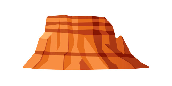 Orange layered mesa formation. Desert plateau with horizontal sedimentary bands. Warm earth colors in geometric flat style. Canyon elements. Vector illustration isolated on white background