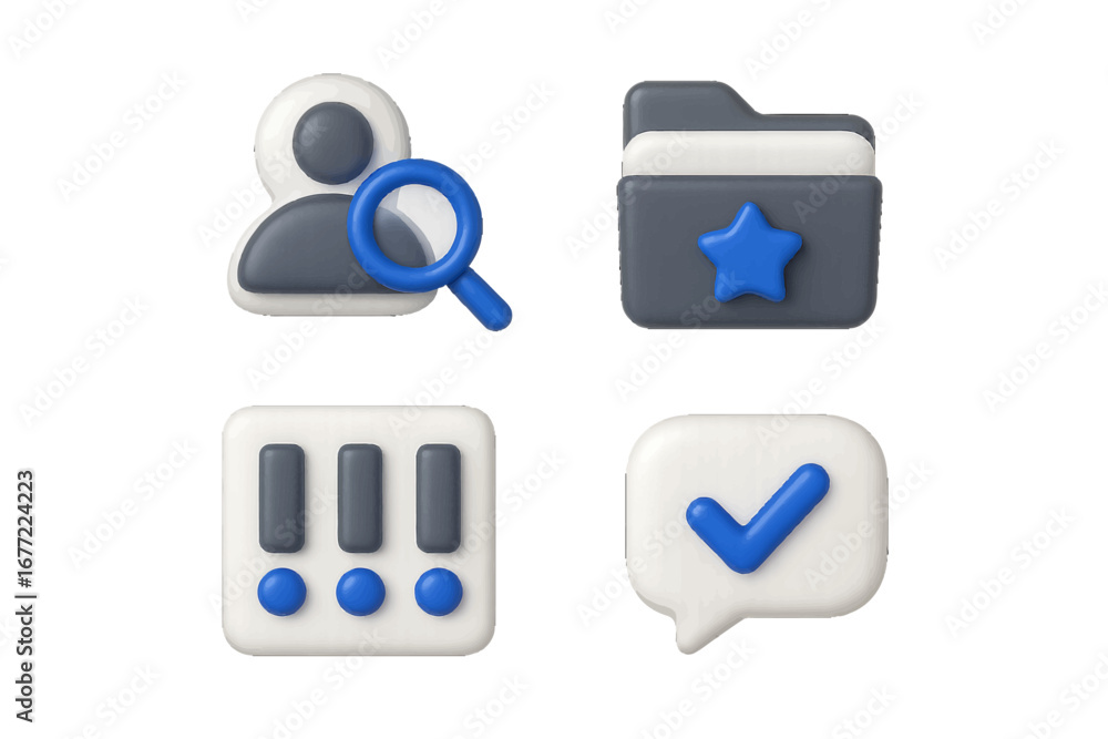 Poster modern 3d ui icons for interface design, featuring search, favorite, list, and checkmark symbols. mo