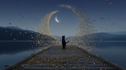Obraz premium Black Cat Gazing at Crescent Moon Surrounded by Golden Butterflies