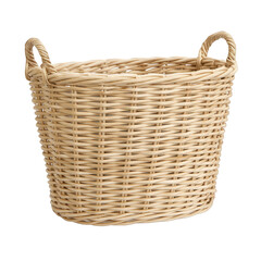Photo of woven natural fiber basket with two handles, isolated on transparent background