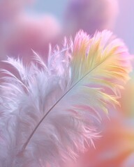 Obraz premium A single, iridescent feather, predominantly white and pastel yellow, with a soft, out-of-focus pastel background