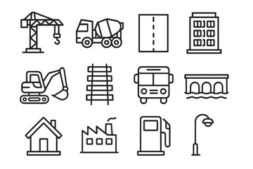 Infrastructure line icon set. Construction, transport, and urban development symbols. Vector icons of crane, excavator, truck, factory, building, bus, bridge, road, home.