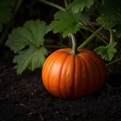 A Close-Up Studio Shot of a Vibrant Orange Pumpkin with Green Foliage and Dark Soil