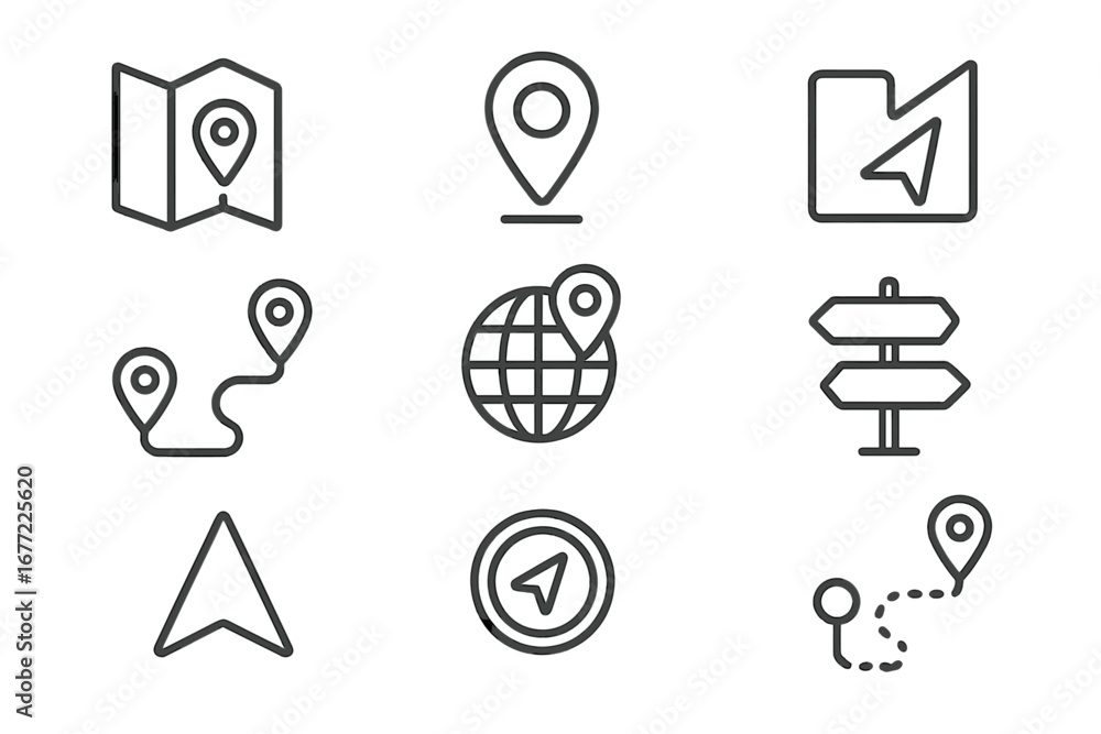 Poster navigation and gps line icon set. map, route, and location linear icons. vector symbols for directio
