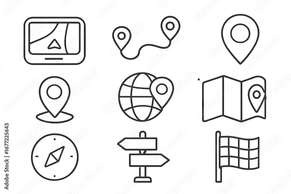 Poster navigation and map outline icon set. gps, route, location symbols. vector icons for direction, trave