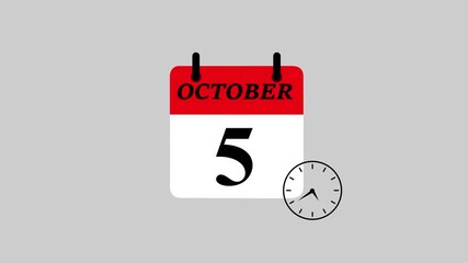 Futuristic October 5 calendar icon featuring dynamic watch animation. High-Resolution motion graphics template for digital scheduling, smart reminders, countdown interfaces, and timeline.