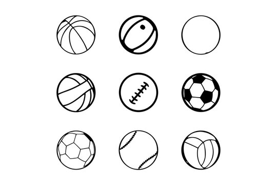 Diverse Set of Sports Balls Basketball, Rugby, Circle, Baseball, American Football, Soccer Ball, Tennis, Volleyball Icon Collection for Sports Themes and Activities