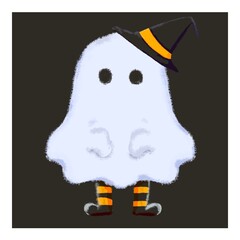 Cute Halloween ghost with witch hat, no mouth, with feet