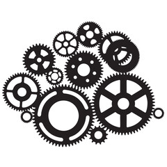 Stylized Black Gears and Cogs Clustered on a White Background, Representing Industry and Engineering
