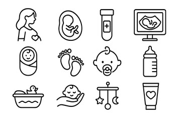 Pregnancy and baby care line icon set. Maternity, newborn healthcare symbols. Motherhood, infant and child concept. Vector icons of fetus, ultrasound, bottle, pacifier.