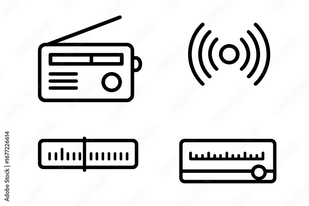 Poster radio tuner line icon set. radio broadcast outline vector symbol. wireless communication technology 