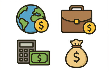 Global finance and business icon set. Vector icons for currency management, investment, savings, and accounting. Minimalist cartoon style illustration for financial concepts.