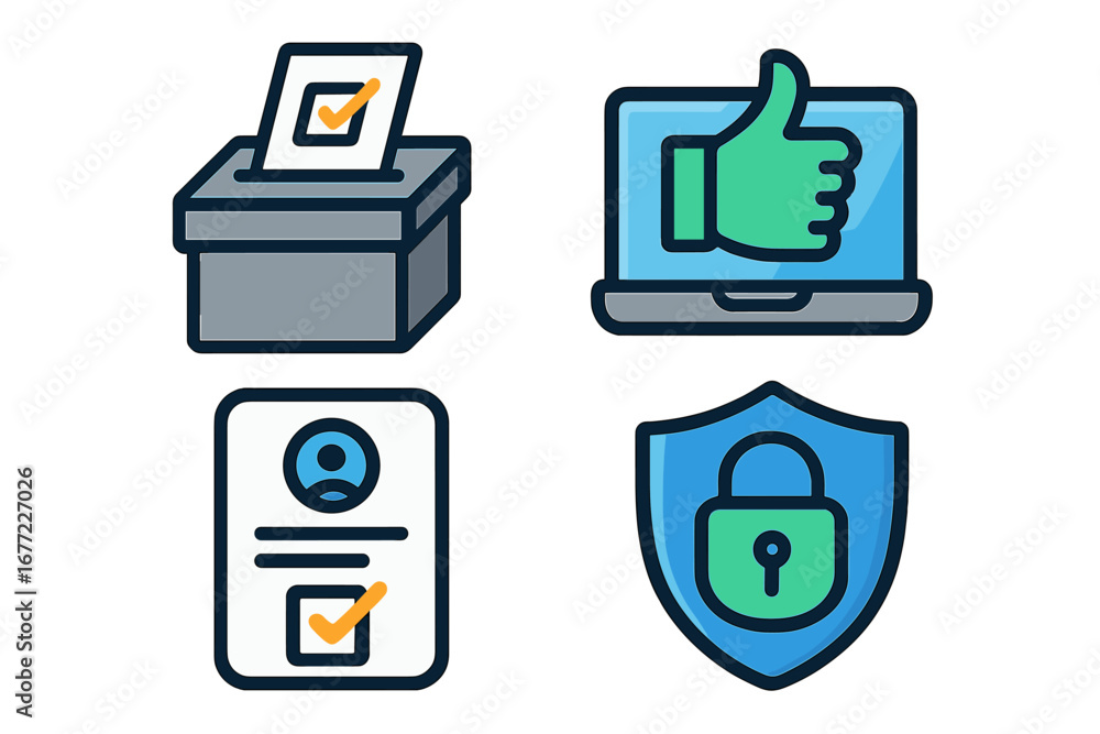 Poster icon set for online voting and election security. digital verification and authentication process. s