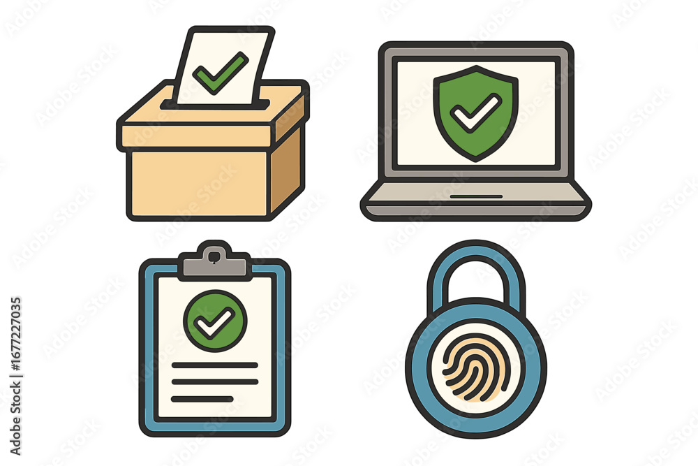 Poster secure voting and verification icon set. e-voting, election, and polling concepts. digital authentic