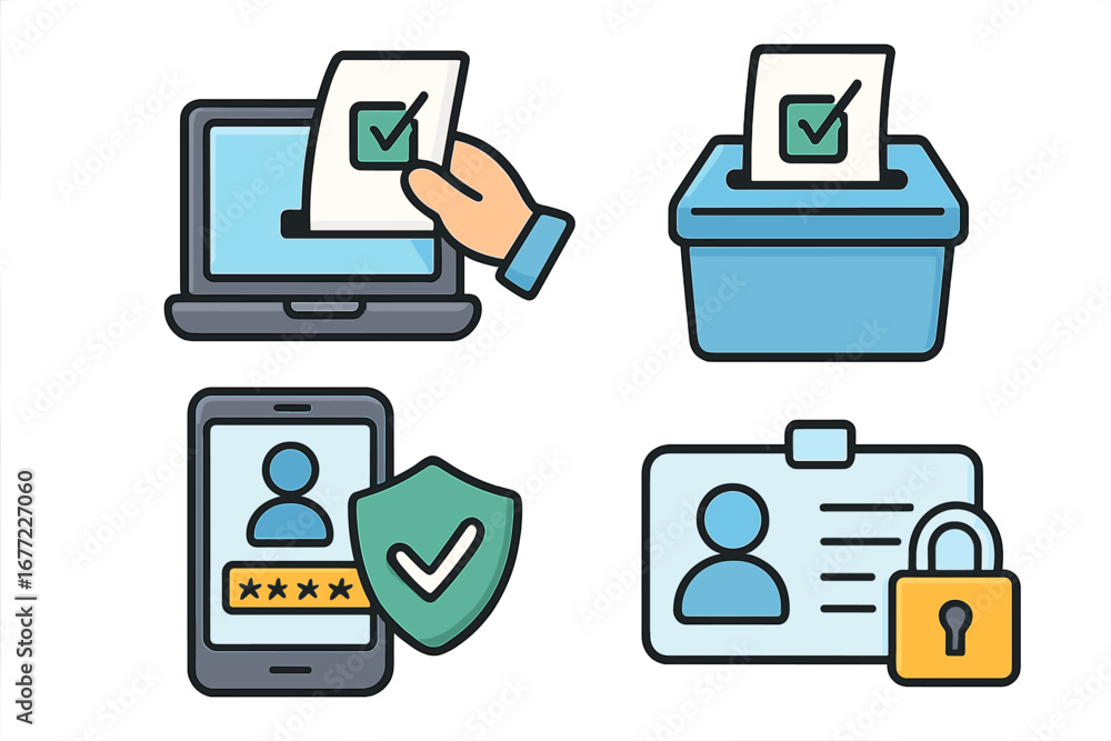 Poster e-voting and online election icon set. digital voting, authentication, and cybersecurity concept. se