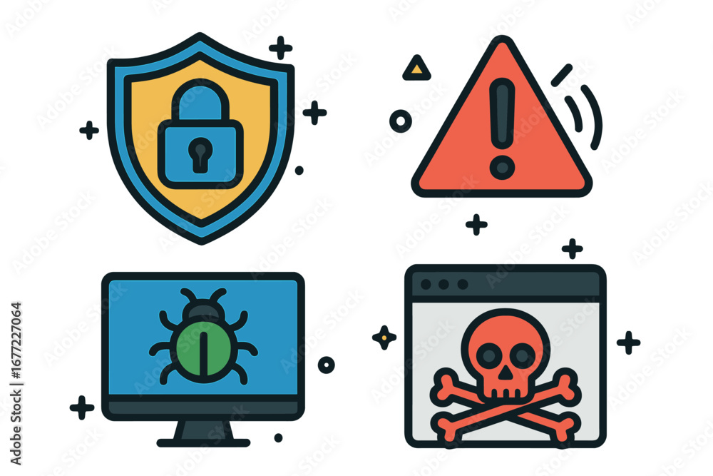 Poster cybersecurity icon set for internet safety. digital protection shield, malware alert, and computer v