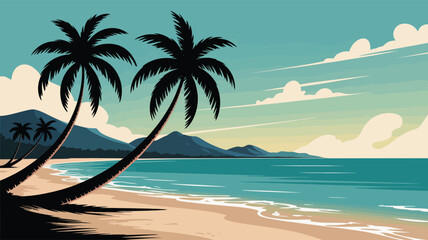 Stylized tropical beach with curved palm trees, calm ocean, and distant mountains — serene sunset scene evoking travel and tranquility 