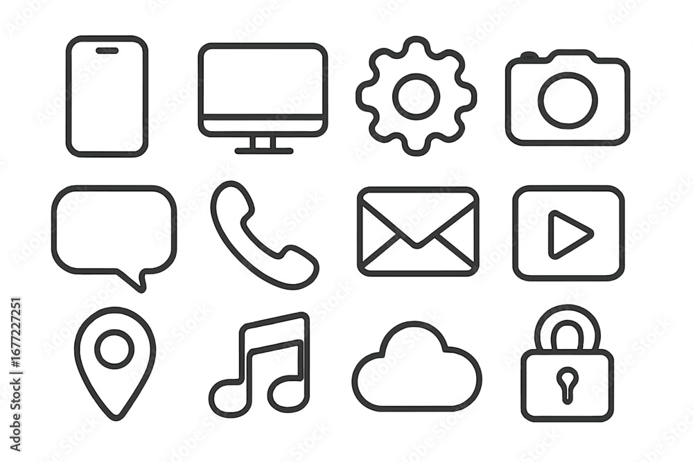 Poster universal ui ux line icon set for web and mobile app design. essential interface symbols including p