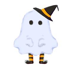 Cute Halloween ghost with witch hat, no mouth, with feet