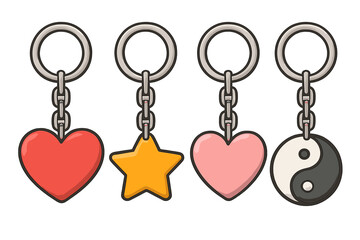Vector keychain collection with heart, star, yin yang symbols. Cartoon keyring accessory, charm, trinket for love, balance. Isolated flat icon set for graphic design element.