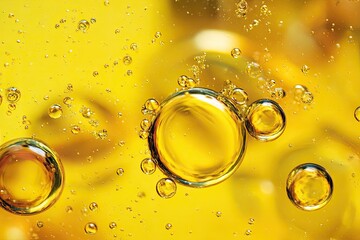 Abstract macro view of various sized bubbles in a golden liquid