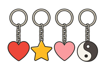 Keychain collection vector set. Keyring with charm. Heart shape, star, yin yang symbol. Cute cartoon trinket for keys. Souvenir or gift. Isolated accessory illustration.