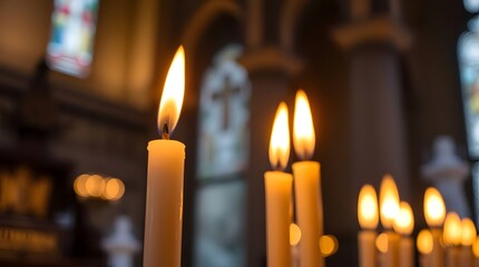 Tight close-up shot of burning church candles