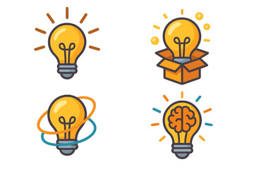 Light bulb icon set. Metaphor for creativity, new idea, innovation, inspiration. Think outside the box concept. Brain in a lamp. Smart solution. Vector cartoon illustration.