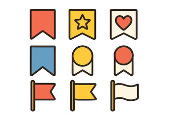 Bookmark and flag icon set for UI UX design. Collection of simple vector symbols like favorite, save, pin, tag, and label for web, app, and graphic design projects. Flat cartoon style.