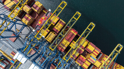 Aerial view container cargo ship international port terminal with gantry crane, Global business...
