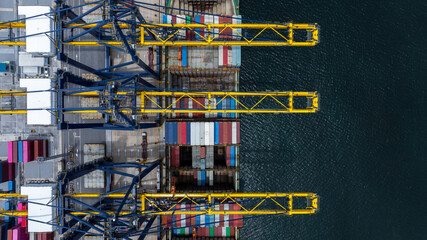 Aerial view container cargo ship international port terminal with gantry crane, Global business...