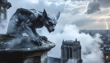 Gargoyle on city rooftop under brooding storm clouds