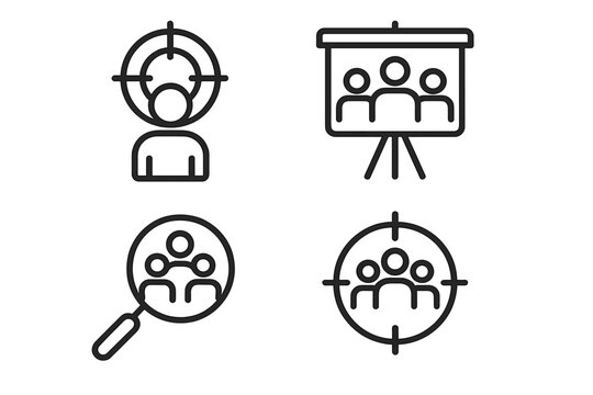 Target audience analysis line icon set. Market research, customer segmentation, and group identification symbols. Vector for consumer targeting, focus group, niche marketing.