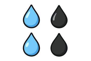 Water drop and oil drop icon set. Cartoon vector illustration of blue raindrop and black petroleum fuel symbol. Aqua, liquid, tear, and blob graphic design elements.
