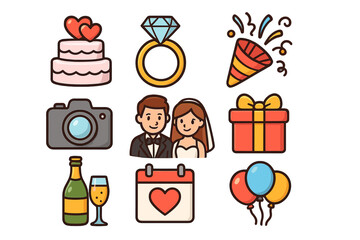 Wedding icon set vector cartoon collection. Cute marriage party celebration elements. Bride groom, ring, cake, gift, balloons, champagne for invitation design flat style.