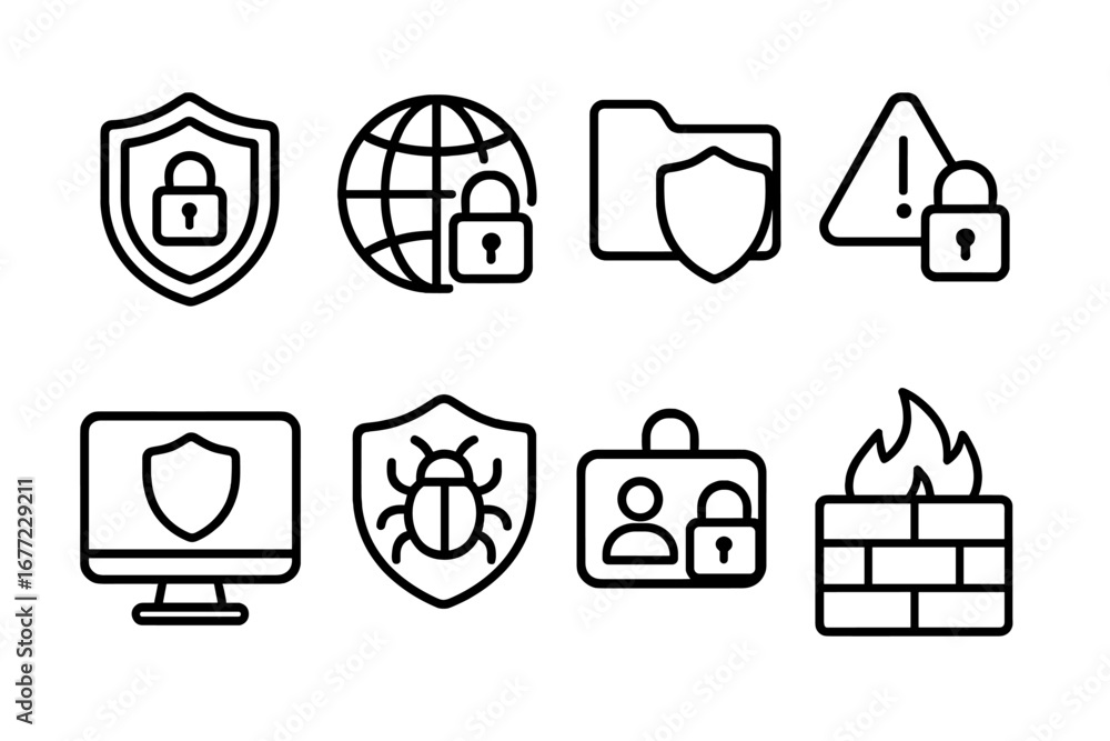 Poster cybersecurity line icon set. vector symbols for data protection, internet safety, and network securi