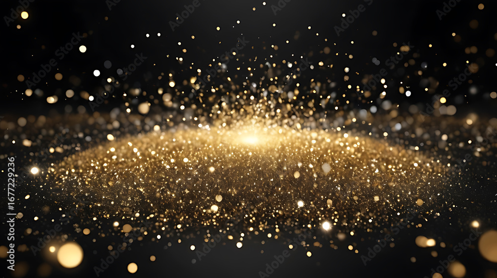 Poster explosion of golden sparks and shimmering particles against a dark background creating a magical eff