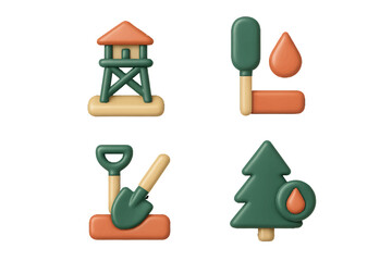 Stylized 3D Icons: Lookout Tower, Water Drop, Shovel, Pine Tree. Modern 3D Icon Set