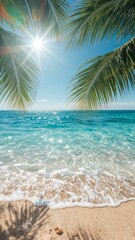 Summer Beach Scene with Sun, Ocean, Palm Leaves, Golden Sand, Waves, and Tropical Vibe